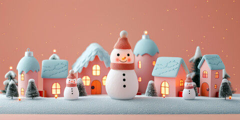 Wall Mural - Miniature snowmen and festive houses set in a snowy Christmas village.