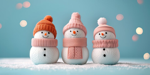 Wall Mural - Three snowmen in knit hats and scarves standing on snow against a blue background.