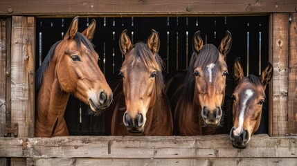 Four horses with brown coats and white markings look out of their stable stalls with curious expressions. The horses are arranged in a row, with their heads close together. The stable walls are made o