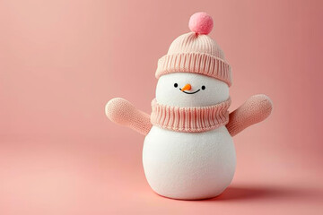 Wall Mural - Cute snowman with a Santa hat and scarf against a pink background.