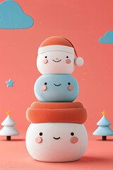 Wall Mural - Cute snowman with a Santa hat and scarf against a pink background.