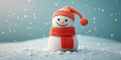 Wall Mural - Cute snowman with a Santa hat and scarf against a blue background.