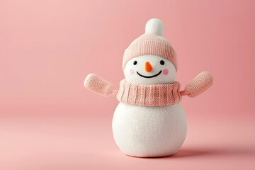 Wall Mural - Cute snowman with a Santa hat and scarf against a pink background.