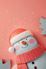 Wall Mural - Cute snowman with a Santa hat and scarf against a pink background.