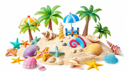 Poster - A cheerful island scene with colorful seashells on white background