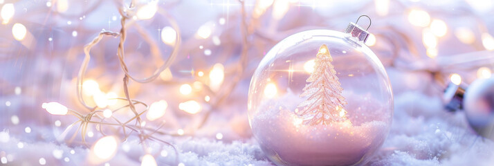 Wall Mural - Christmas transparent snowball with tree inside. Holiday Christmas background with elegant festive snowy glass ball. Happy New Year and Merry Christmas. Xmas snow globe