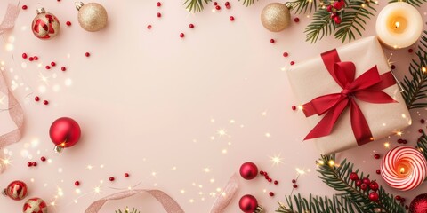 Wall Mural - Festive Christmas layout with wrapped gift, red ribbon, ornaments, and candle on a light pink background.