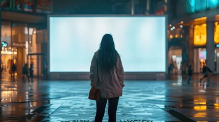 Wall Mural - Shopping Mall Woman Standing in Front of Blank Screen