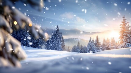 a snowy landscape with trees and a bright sun in the background