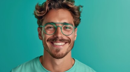 Wall Mural - A man with a green shirt and glasses is smiling