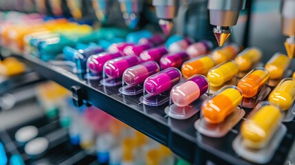 Vibrant capsules being processed in a production line at a pharmaceutical manufacturing facility. Colorful pills in blister packs.