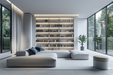 Elegant minimalist living room interior with sofa, bookshelves, and serene blue accents, creating tranquil home ambiance.