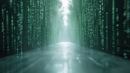 Wall Mural - A green forest with a path that is lit up by a light