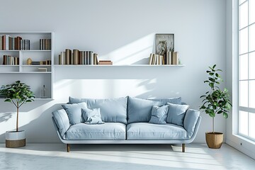 Elegant minimalist living room interior with sofa, bookshelves, and serene blue accents, creating tranquil home ambiance.