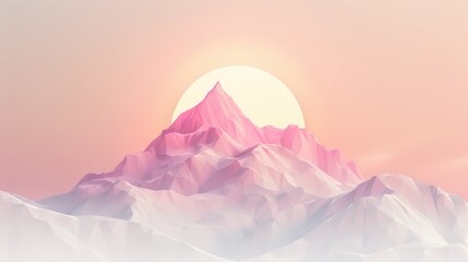 A mountain range with a pink sun in the background