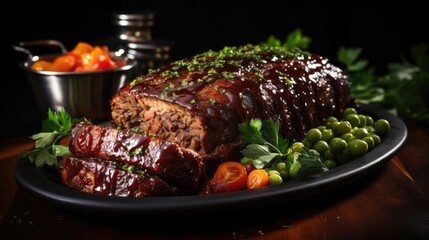 Wall Mural - delicious meatloaf with vegetable topping, black and blurred background