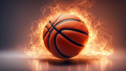 Burning basketball on a reflective surface with glowing lights and flares in an abstract sports theme