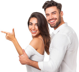 Wall Mural - Woman and man smiling and pointing at copy space on side,PNG,transparent background,clipart.