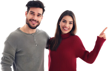 Wall Mural - Woman and man smiling and pointing at copy space on side,PNG,transparent background,clipart.