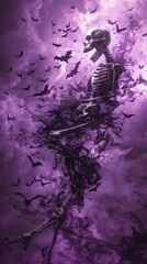 Wall Mural - Ethereal Skeleton with Bats in a Surreal Purple Haze