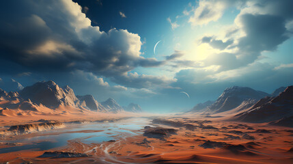 A panoramic view of a desert landscape with mountains and a river, set against a bright blue sky with clouds and a crescent moon.