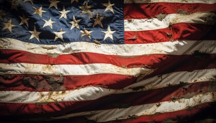 Wall Mural - distressed black and white usa flag, frayed and faded, close-up of fabric texture, stars and stripes almost gone, dark and dramatic theme, symbol of enduring strength