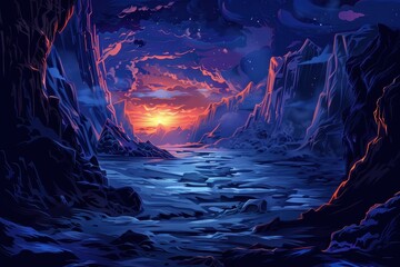 Wall Mural - Mystical landscape with vibrant sunset over frozen lake and towering mountains