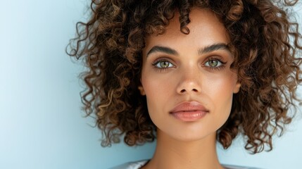 Wall Mural - A woman with curly hair and green eyes is standing in front of a blue wall