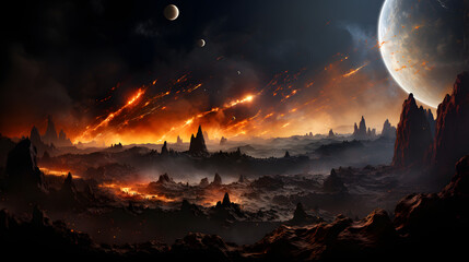 A fiery, post-apocalyptic landscape with a glowing moon in the distance. The fiery sky is filled with meteors and the ground is covered in volcanic rock formations.