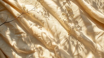 Wall Mural - Elegant sunlight casting floral shadows on beige pleated linen background