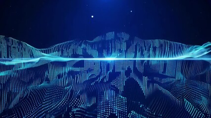Leinwandbilder - Blue digital landscape with glowing lines and particles on a dark blue background. Small glowing dots form a wavy pattern, arranged in rows and columns, appearing to move slowly