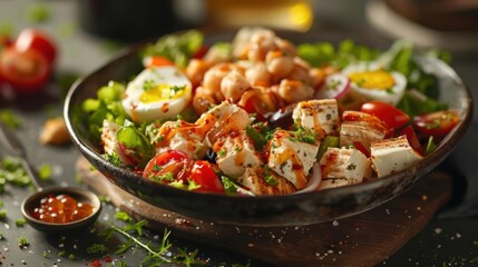 Canvas Print - a bowl of food with chicken, tomatoes, and other vegetables