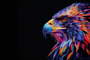 Abstract Portrait of An eagle in multicolor with black background wallpaper and copy space