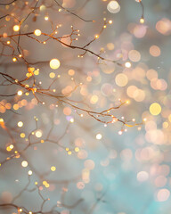 Poster - Bokeh lights, pastel background, branches with white and gold decorations, bohemian style, fairy tale --ar 51:64