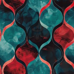 Wall Mural - Watercolor deep red and teal tessellation seamless repeating pattern, minimal pattern, high contrasty 