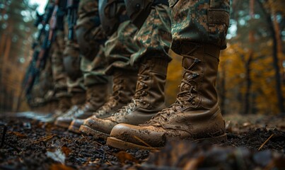 Section of soldiers legs in military uniform and boots standing in line at camp, american army, Generative AI