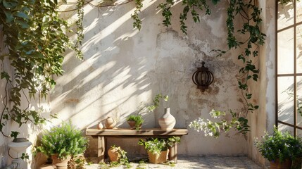 Wall Mural - Sunny Mediterranean-style interior with green branches; ideal for summer product displays.