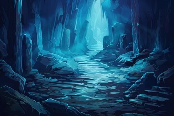 Wall Mural - Mysterious Glowing Blue Crystal Cave with Stone Path