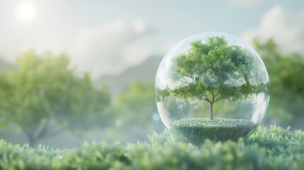 Wall Mural - A tree is inside a clear glass bubble, surrounded by grass