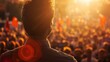 © siripimon2525 - Close-up of a candidate addressing a large outdoor crowd from a stage, banners and flags waving, expressions of determination and hope, Portrait close-up, hyper-realistic, high detail,