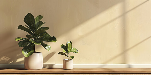 Wall Mural - ceramic pots with fiddle leaf fig plant on wooden table against beige wall background, generative AI