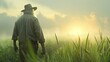 © Whitefeather - A man in a hat is walking through a field of tall grass