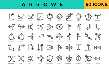 Sticker - Arrows icon set with bounce, bounce up, reflected, down left, refresh, minimize, penetrate arrow, process, upload, three junction icon. Simple line vector 
