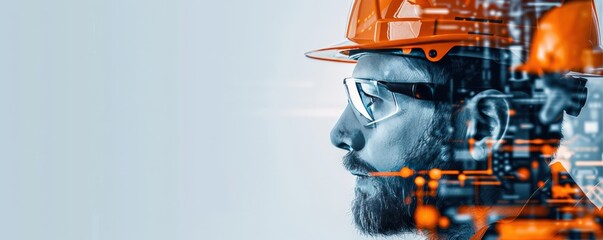 Side profile of an engineer with a hard hat, showcasing innovative technology and industrial concepts in construction and engineering.