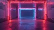 © Ahmad-Muslimin - 3D Rendered Background: Cyber Retro Gaming Showcase in a Futuristic Garage with Neon Lights