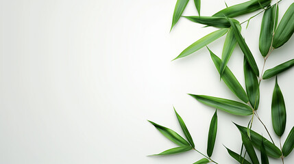 Wall Mural - Green bamboo leaves arranged on a white background.