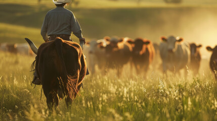 Bulls as part of a cattle ranching operation, with cowboys or ranchers working alongside them, emphasizing their importance in livestock management. 