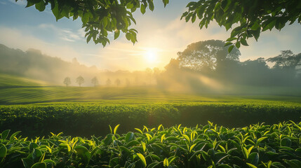 Wall Mural - A lush green tea plantation with sunlight filtering through the trees.