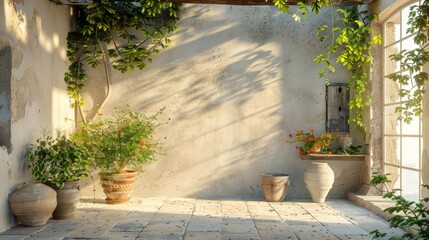 Poster - Sunny Mediterranean-style interior with green branches; ideal for summer product displays.