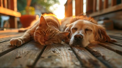 Mature dog and senior cat relaxing together on a sunlit porch during a calm and peaceful afternoon with the warm sunset creating a cozy and serene setting